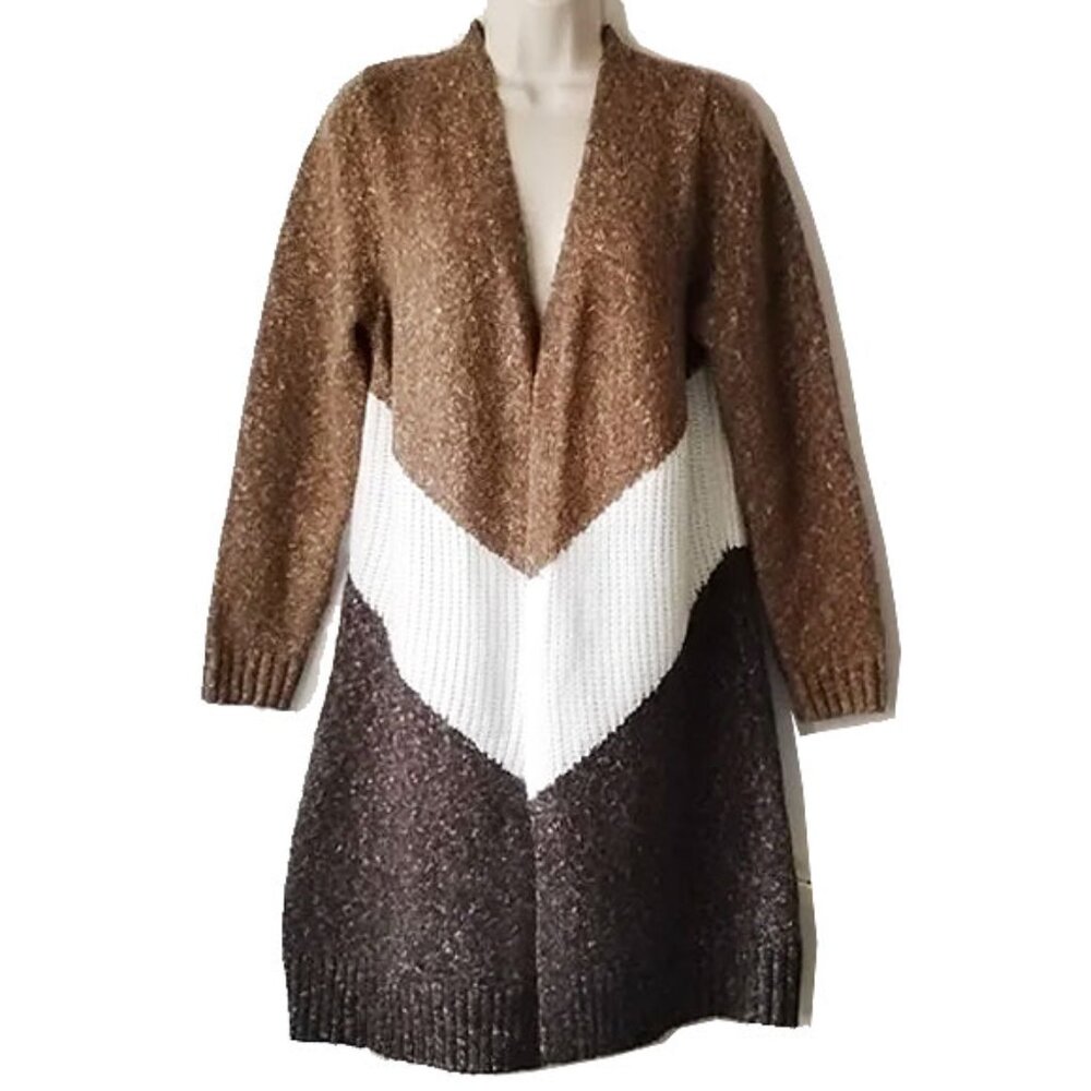 Apt. 9 Fuzzy Mixed-Knit Open Front Cardigan L Brown Tan Ivory